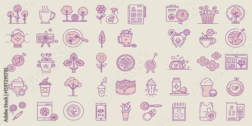A diverse set of vector illustrations featuring nature and lifestyle elements such as plants, food, objects, and accessories