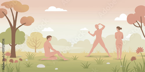 Tasteful vector illustration of naturist individuals in a natural outdoor setting, drawn in a clean, abstract style with soft pastel gradients