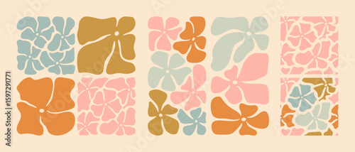 Wavy abstract naive hippie 70s flowers. Set of colored daisies drawn in boho color and two seamless patterns painted in groovy retro style.