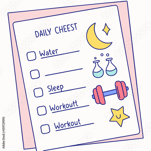 Daily Routine Checklist: A charming illustration of a daily routine checklist, filled with icons and doodles, promoting healthy habits and well-being. 