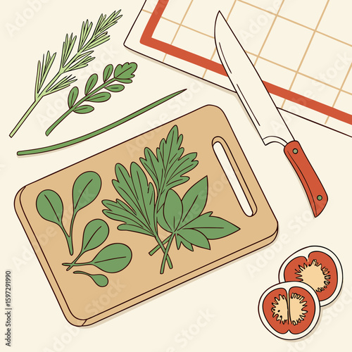 Culinary Herbs and Kitchen Tools: A top-down view captures the essence of cooking, showcasing an array of fresh herbs and a sharp knife, resting on a wooden cutting board