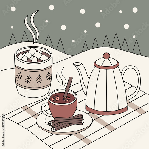 Winter Warmth: A cozy winter scene unfolds with steaming cups of hot beverages, marshmallows, and a teapot on a snowy landscape. 