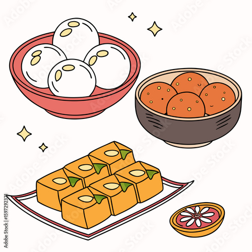 Delightful Dessert Trio: An appetizing array of three distinct desserts with soft, sweet texture. Each delicacy is artfully presented and captured in a vibrant, illustration style.