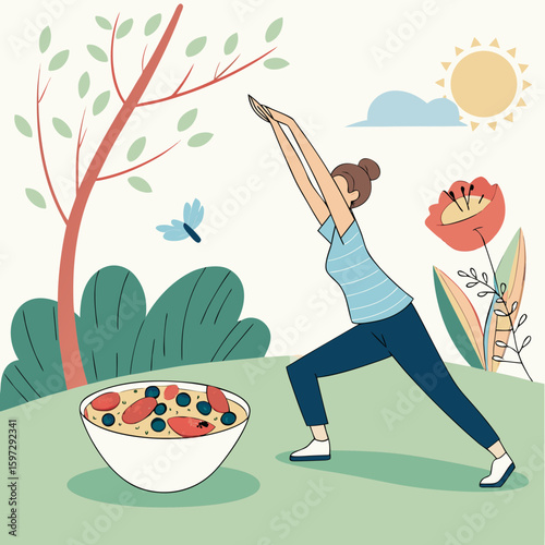 Harmony of Yoga and Nourishment: A vibrant illustration of a woman practicing yoga beside a bowl of healthy food, embracing well-being.