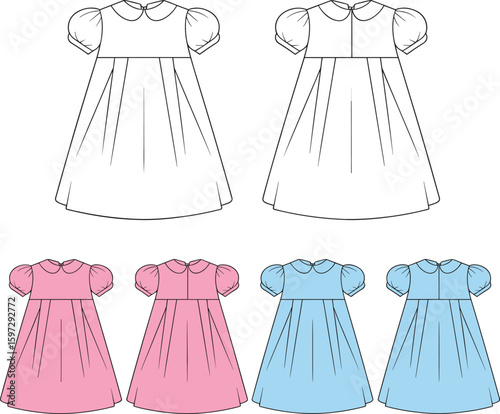 Baby girls puff sleeve dress, front and back view, fashion flat sketch, pink and blue color, cad design, vector illustration