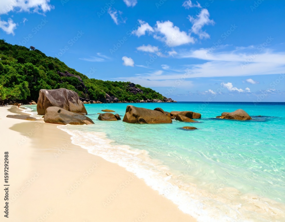 Naklejka premium Tranquil Summer Beach Landscape – Golden Sand, Blue Sky, and Coastal Rocks