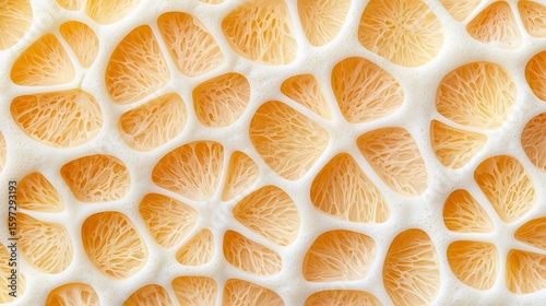 Close-up of a dried orange peel texture showing intricate, porous, and fibrous patterns in light orange and white tones.