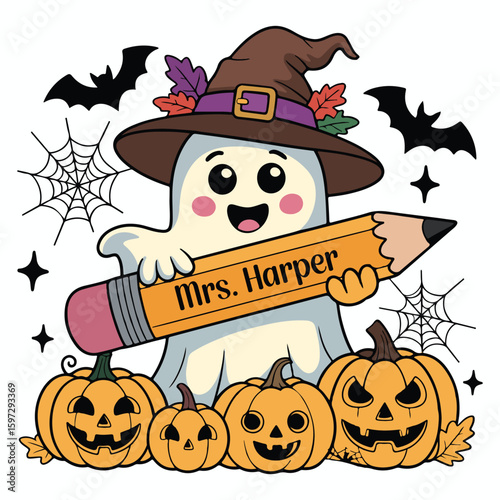 Mrs. Harper Shirt, Spooky Halloween Teacher T-shirt Vector, Bookish Saying Tshirt, Halloween Ghost Reader Illustration, Scary Teaching School Clipart