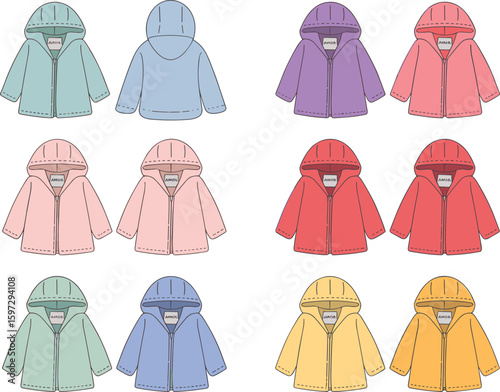 Colorful kids hooded jacket flat sketch, front and back view, winter outerwear design, vector illustration, fashion template, garment drawing