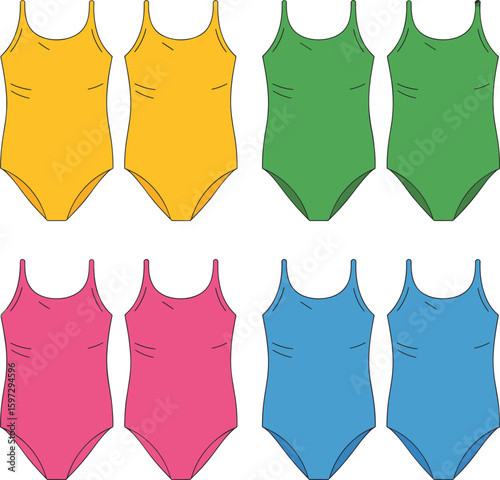One piece swimsuit front view, colorful fashion flat sketch, women swimwear vector design, beachwear apparel template, stylish summer clothing