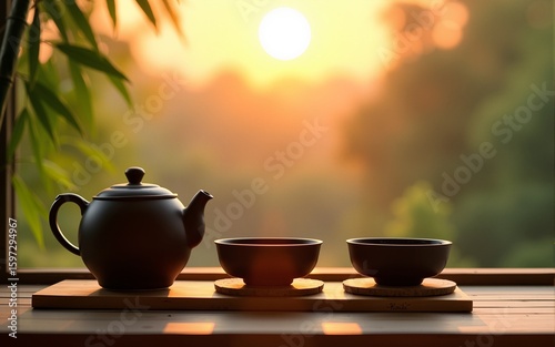 Tea concept. Japanese tea ceremony culture east beverage. Teapot and cups on table with bamboo leaves on sunset. High quality