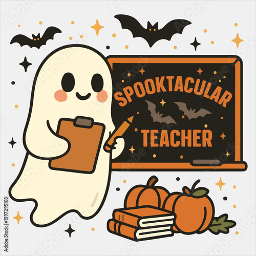 Spooktacular Teacher Shirt, Spooky Halloween Teacher T-shirt Vector, Bookish Saying Tshirt, Halloween Ghost Reader Illustration, Scary Teaching School Clipart