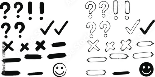 Vector hand drawn doodle sketch punctuation marks question mark exclamation point check mark cross smiley face