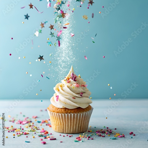 Festive cupcake with falling sprinkles