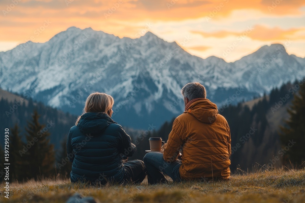 Fototapeta premium young couple in the mountains, Generative AI