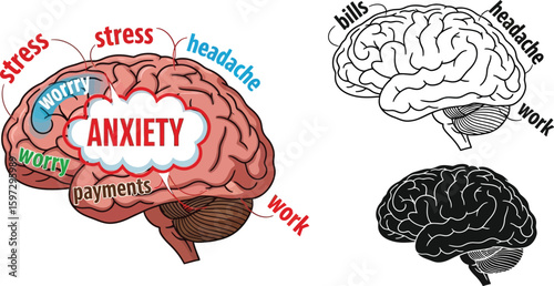 Anxiety stress worry headache brain payments bills work mental health concept illustration diagram