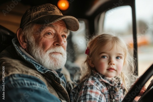 Senior farmer with his small granddaughter sitting in a tractor, driving, illustrating the passing of skills and knowledge to the next generation in farming, Generative AI
