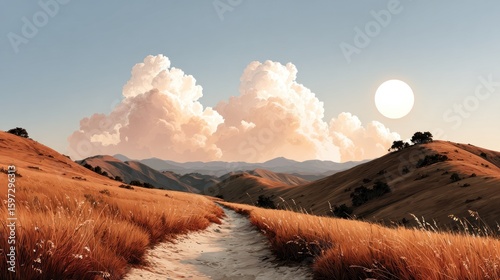 sandy path winds through golden grass hills as the sun sets behind mountainous terrain and large, fluffy clouds. warm hues create a tranquil atmosphere in the late afternoon sky