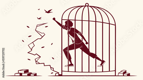 A Man Escapes a Cage in Symbolic Artwork Representing Freedom and Strength