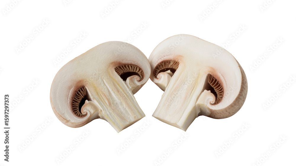 Fototapeta premium Two Halves of a Fresh Button Mushroom Isolated on Transparent Background