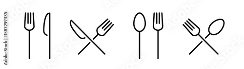 Silverware monochrome line icon set. Fork, Spoon and Knife icons.