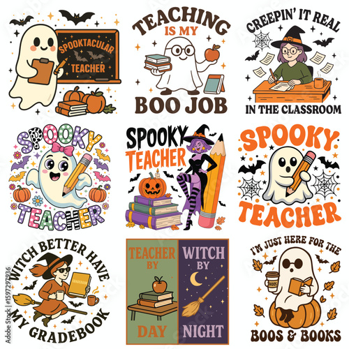 Set of Spooky Halloween Teacher T-shirt Vector, Bookish Saying Tshirt, Halloween Ghost Reader Illustration, Scary Teaching School Clipart