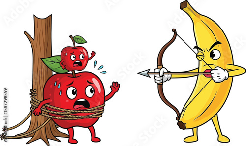 Cartoon banana archer aiming at apple tied to tree funny fruit rivalry food illustration vector image