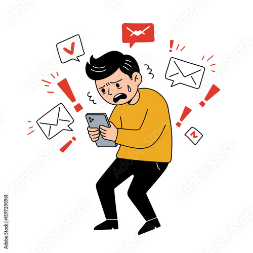 Man feeling stressed while using smartphone surrounded by notifications  