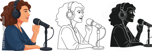 Woman podcasting with microphone and headphones vector illustration and line art and silhouette art