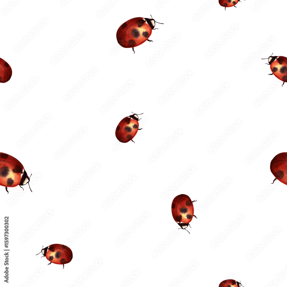 Fototapeta premium Seamless pattern with small red ladybugs on white background. Watercolor illustration