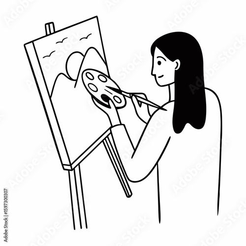 Artistic Creation: An artist, absorbed in the creative process, paints a serene landscape scene with delicate brushstrokes and a vibrant palette, capturing the essence of imagination