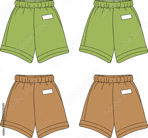 Elastic waistband casual shorts, front and back flat sketch, minimal style, label detail, fashion cad drawing vector illustration design