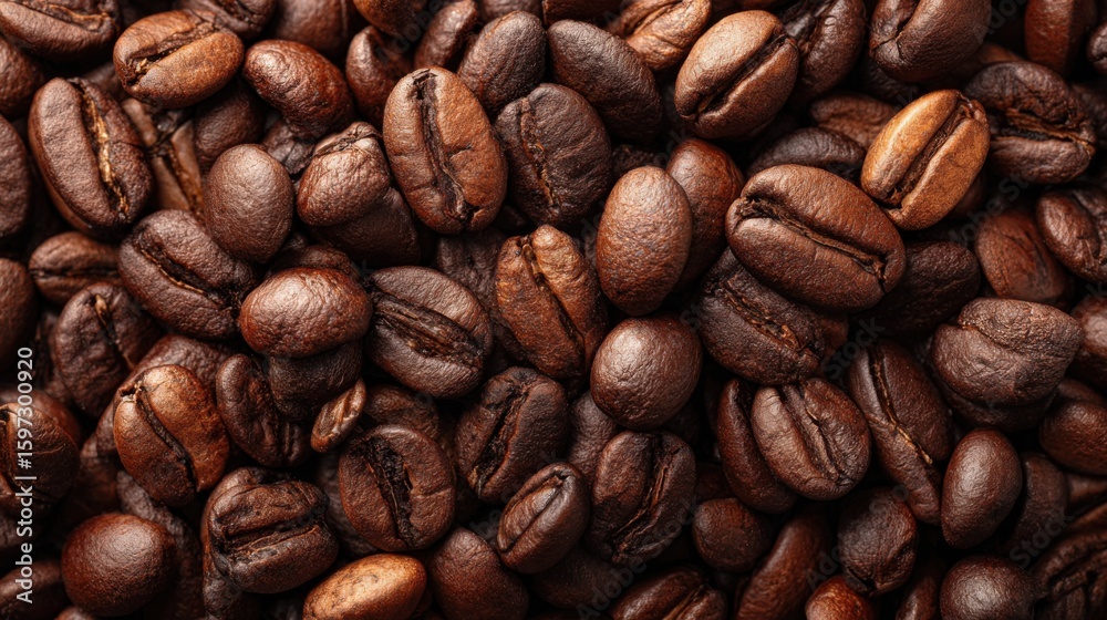 Naklejka premium A close-up view of dark roasted coffee beans showcases their rich colors and textures. The glossy surface hints at the freshness of this popular beverage, inviting coffee lovers to brew.