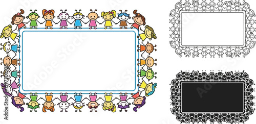 Children frame border vector illustration with kids holding hands for design and decoration use