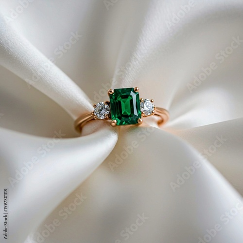 diamond ring on green background, An exotic green emerald ring flanked by diamond accents, showcased on a white silk handkerchief