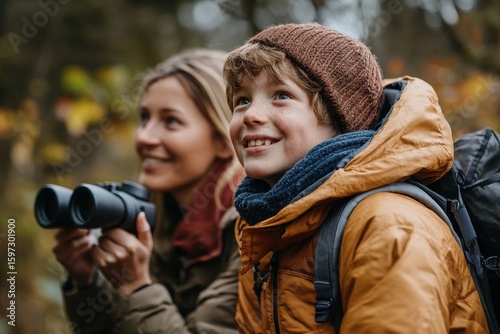 Portrait of a happy young man with Down syndrome, sitting outdoors with his mother, enjoying the natural surroundings and using binoculars to observe the view, Generative AI