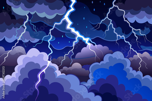 Electric Thunderstorm with Lightning Strikes and Dark Purple Clouds - Vector Illustration