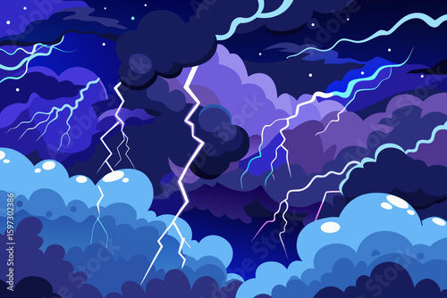 Electric Thunderstorm with Lightning Strikes and Dark Purple Clouds - Vector Illustration