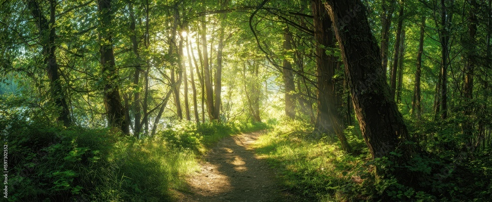 Fototapeta premium The enchanting forest path illuminated by soft sunlight streaming through the trees.
