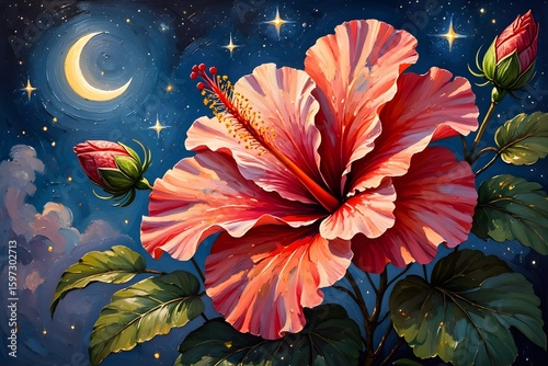 Grunge floral background with hibiscus flowers and tropical leaves in a summer garden setting