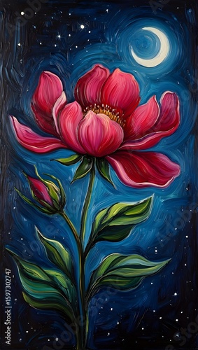 Abstract red floral design with petals on a dark blue background