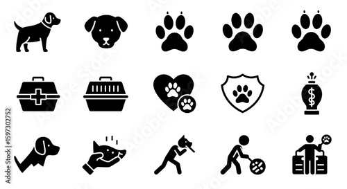 Collection of dog related icons conveying pet care, adoption, and animal services