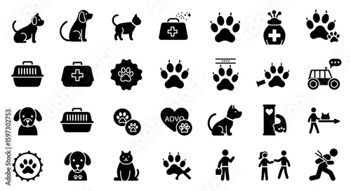 Collection of black silhouette pet and veterinary care icons on white background