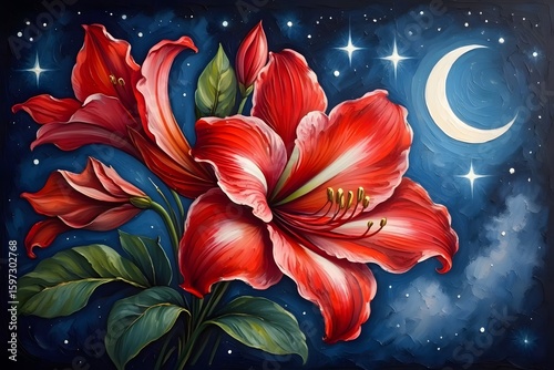 Vibrant lily flowers in pink and orange hues bloom beautifully against a blue and dark background, a perfect floral design for nature-inspired art and summer garden illustrations