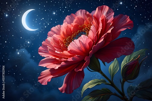 Abstract floral background with red flower on blue backdrop