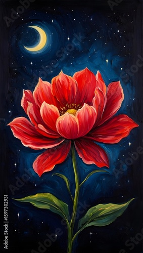 Red poppy flowers blooming brightly against a blue background