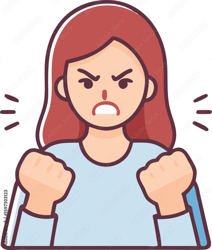 Angry Woman Illustration: Clenched Fists, Furious Expression Angry Woman Illustration: Clenched Fists, Furious Expression