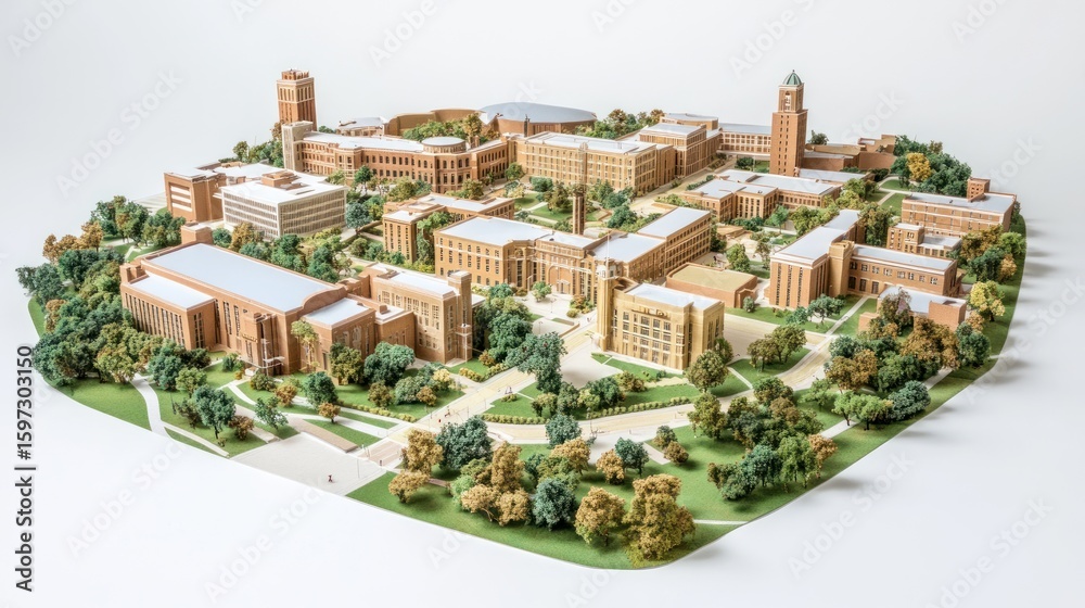 Fototapeta premium Detailed Architectural Model of University Campus, Miniature Cityscape, Aerial View.