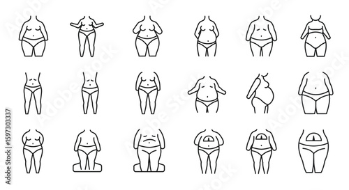 Diverse female body shapes in underwear line art, depicting weight, pregnancy, and scales