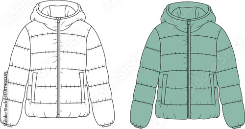 Puffer Jacket Technical Fashion Illustration Flat Sketch Template, Apparel Clothing Design Blank Mockup Front View, Padded Winter Coat Outerwear for Cold Weather.